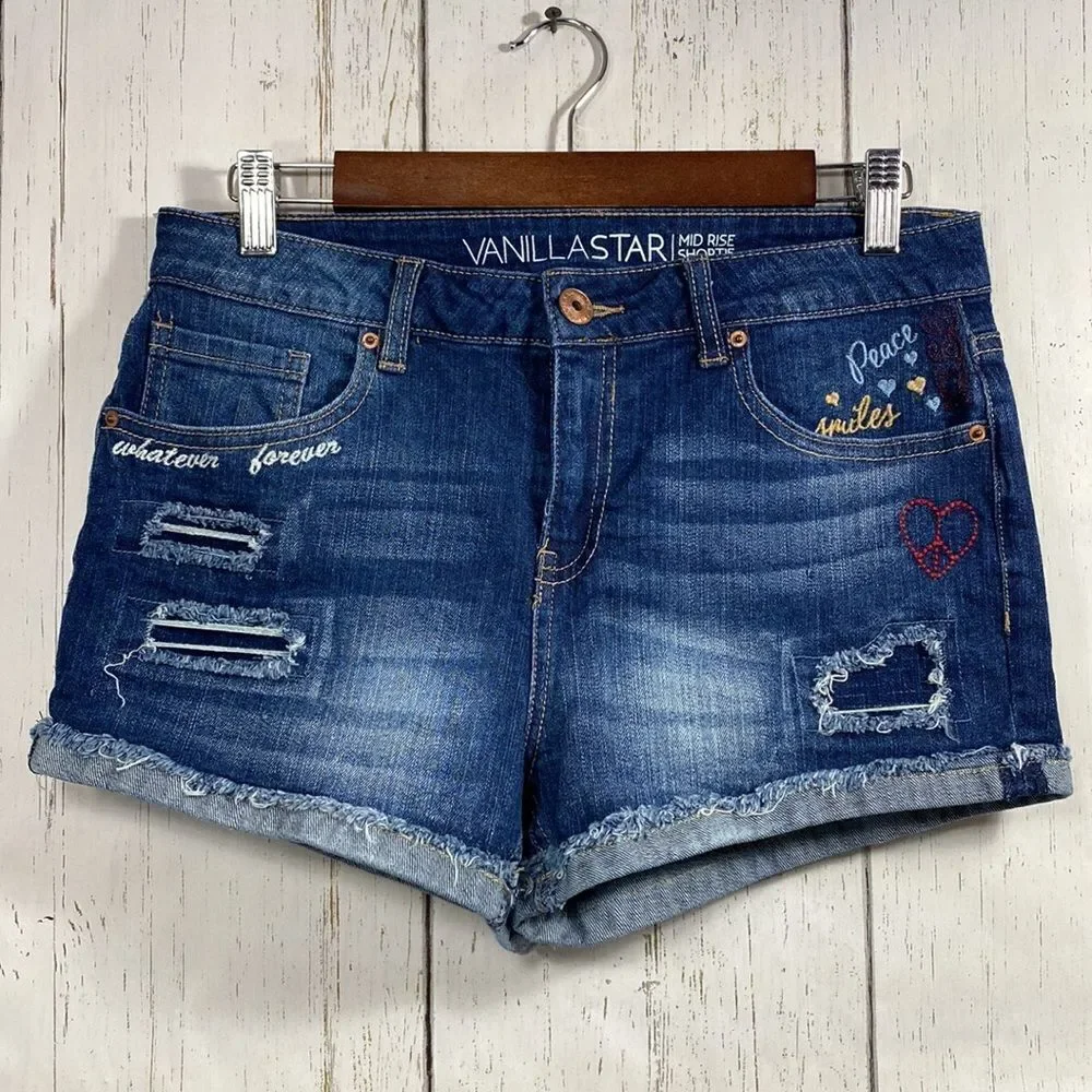 Vanilla Star Womens Embroidered Cuffed Distressed Mid Rise Jean Denim Shorts